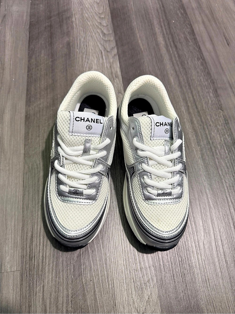 Chanel CC Logo White Silver Mesh Sneakers